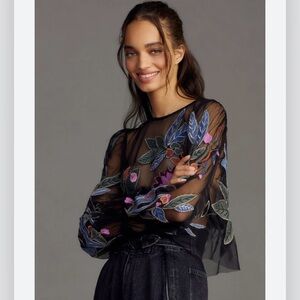 Anthropologie Layla long sleeve appliqué mesh blouse